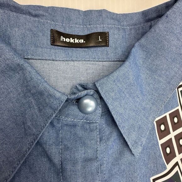 Hekka Blue Chambray Shirt Dress Size Large Printed Pleated Boho Button Down - Picture 2 of 8